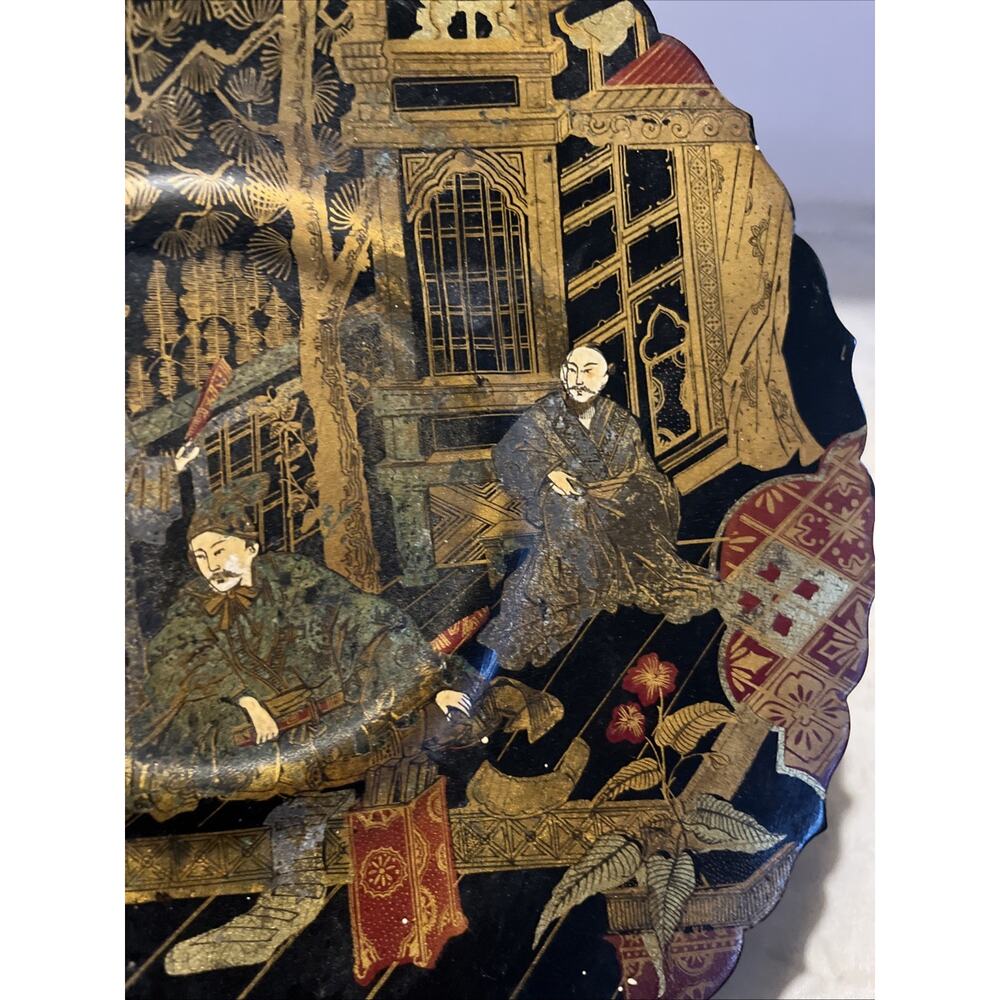 Antique Chinese decorated lacquered footed Wooden plate Mid 19th century - Picture 3 of 8